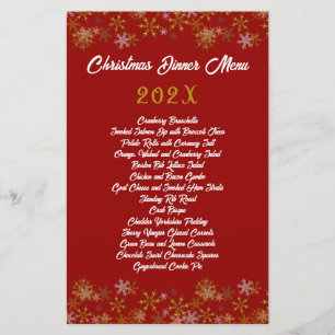 Gold Snowflakes Red Christmas Dinner Menu
