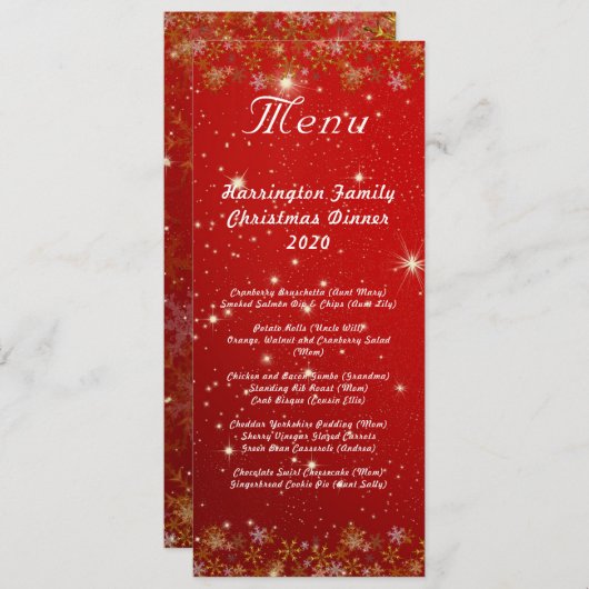 Gold Snowflakes Red Christmas Dinner Menu (Devant / Derrière)