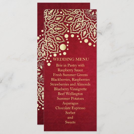 Gold Snowflakes Red Christmas Mariage Menu (Devant / Derrière)