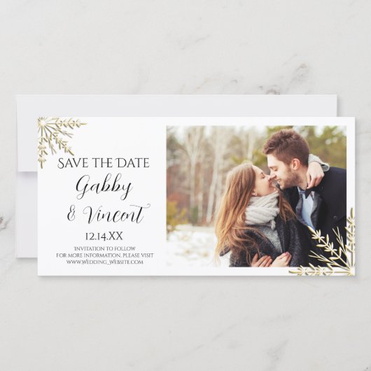 Gold Snowflakes Winter Wedding Save the Date (Voorkant)