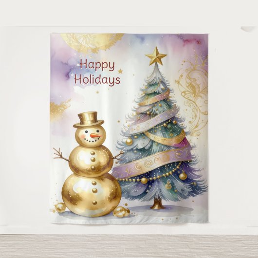 Gold Snowman Christmas Tree Holiday Backdrop Wandkleed (Voorkant)