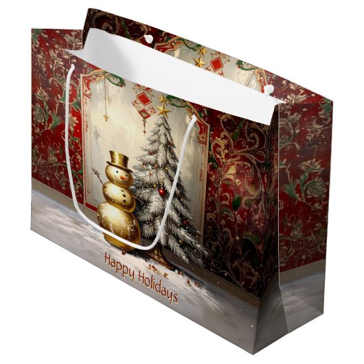 Gold Snowman Christmas Tree Holiday Gift Bag Groot Cadeauzakje (Voorkant Gekanteld)