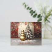 Gold Snowman Christmas Tree Holiday Postcard Briefkaart (Staand voorkant)