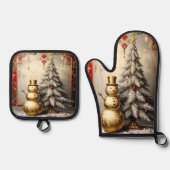 Gold Snowman Christmas Tree Ovenwant & Pannenlap Set (Voorkant)