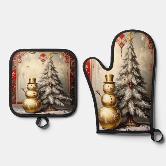 Gold Snowman Christmas Tree Ovenwant & Pannenlap Set (Voorkant)