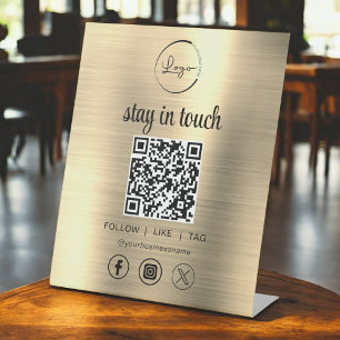 Gold Social Media QR Code Business Logo Reclamebord Met Voetstuk