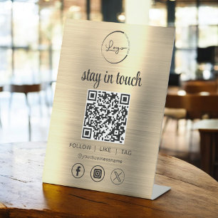 Gold Social Media QR Code Business Logo Reclamebord Met Voetstuk