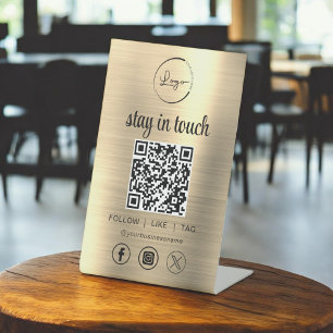 Gold Social Media QR Code Business Logo Reclamebord Met Voetstuk