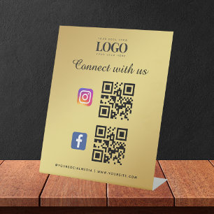 Gold Social Media Qr Code Logo Facebook Instagram Reclamebord Met Voetstuk