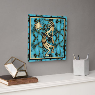 Gold Southwest Kokopelli en Sun Clock Vierkante Klok