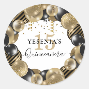 Gold Sparkle Black Quinceanera-ballon Ronde Sticker