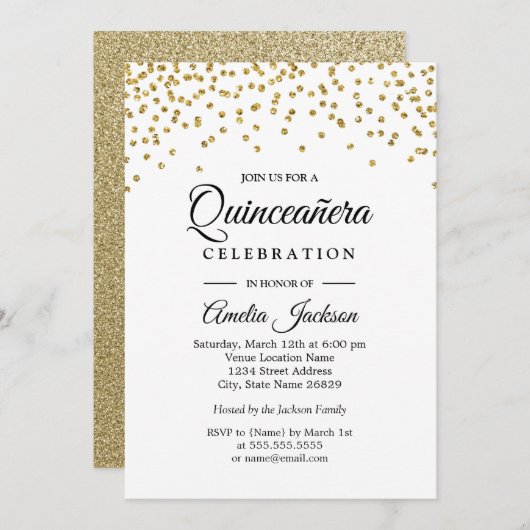 Gold Sparkle Confetti Quinceanera Invitation (Devant / Derrière)