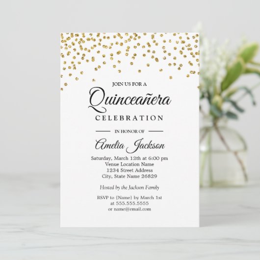 Gold Sparkle Confetti Quinceanera Invitation Kaart (Staand voorkant)