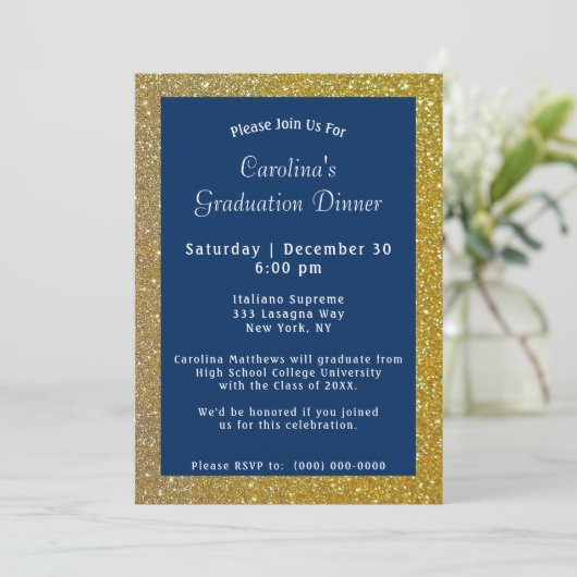 Gold Sparkle Dinner Blue Afstuderen Kaart (Staand voorkant)