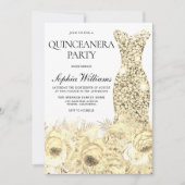 Gold Sparkle Dress & Flowers Quinceanera Party Kaart (Voorkant)