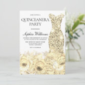 Gold Sparkle Dress & Flowers Quinceanera Party Kaart (Staand voorkant)