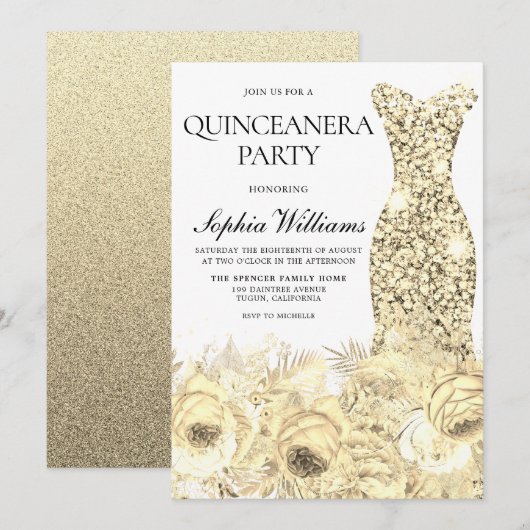 Gold Sparkle Dress & Flowers Quinceanera Party Kaart (Voorkant / Achterkant)