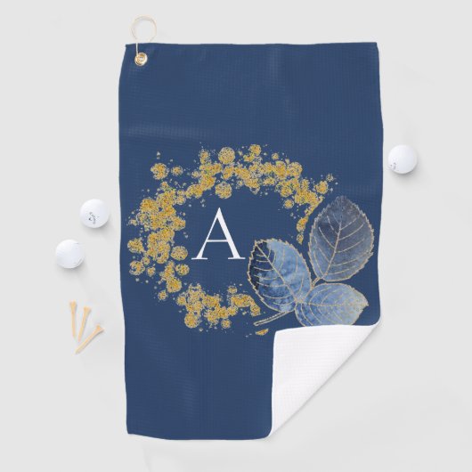 Gold Sparkle en Blue Leaf Monogram Voeg Jouw naam Golfhanddoek (Insitu)