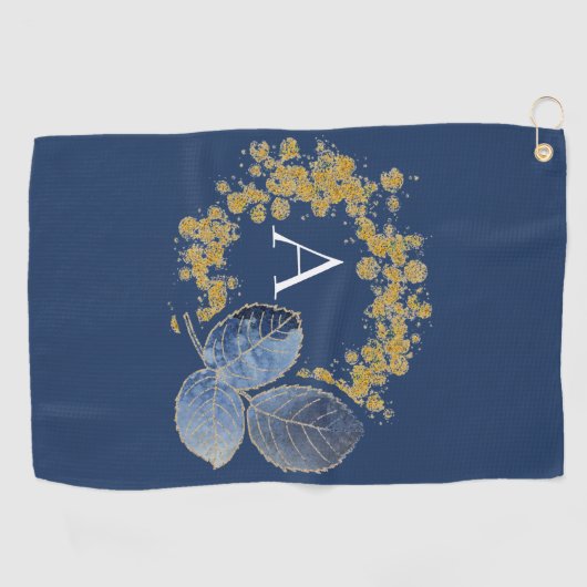 Gold Sparkle en Blue Leaf Monogram Voeg Jouw naam Golfhanddoek (Horizontaal)
