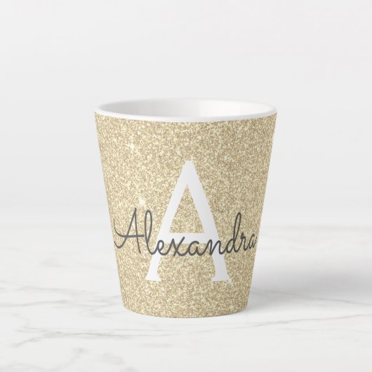 Gold Sparkle Glitter Monogram Naam en Initiaal Latte Mok (Voorkant)