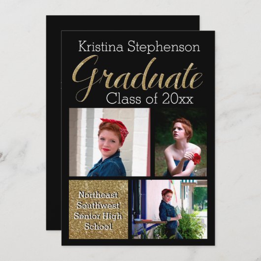 Gold Sparkle Photo Collage High School Afstuderen Kaart (Voorkant / Achterkant)