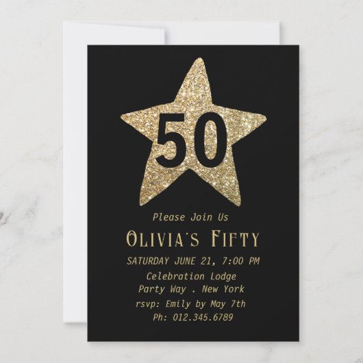 Gold Sparkly Star 50th Birthday Party Invitation (Devant)