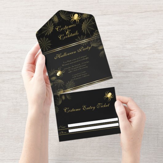 Gold Spiders Halloween Party All In One Uitnodiging (Uittrekbaar)