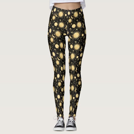 Gold Star Celestial Sun Moon Astrology Pattern Leggings (Voorkant)