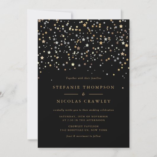Gold Star Confetti Modern Wedding Invitation Kaart (Voorkant)