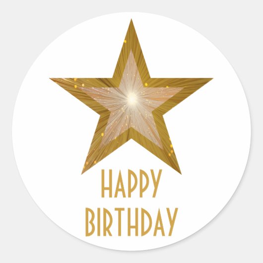 Gold Star 'Happy Birthday' ronde sticker wit (Voorkant)