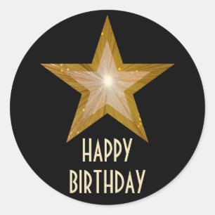 Gold Star 'Happy Birthday' ronde sticker zwart
