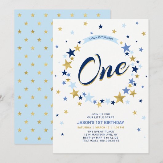 Gold Star | Invitation pour le premier anniversair (Devant / Derrière)