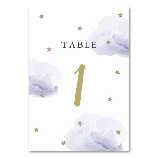 Gold Star & Lavender Cloud Table Number Kaart (Voorkant)