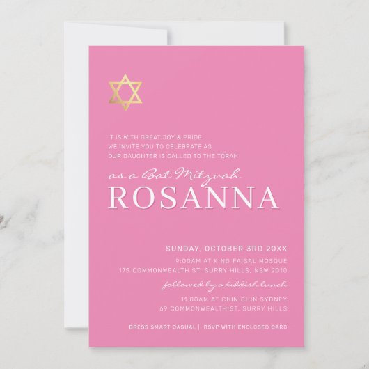 GOLD STAR moderne Bat Mitzvah minimal roze Kaart (Voorkant)
