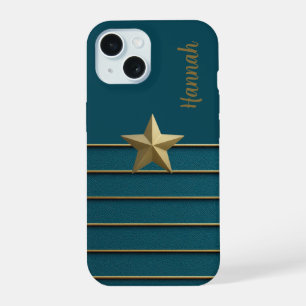 Gold Star op Blauwgroen iPhone 15 Hoesje