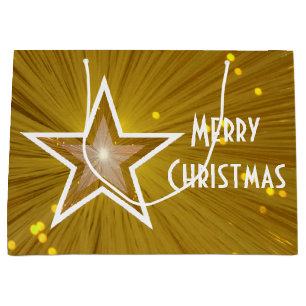 Gold Star-print Merry White, groot kerstwit Large Cadeauzakje