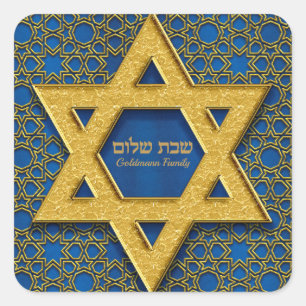 Gold Star van David Blue Hebrew Shabbat Shalom Vierkante Sticker