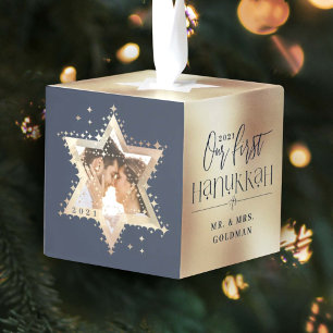 Gold Star van David Mr & Mrs First Hanukkah Foto Kubus Ornament