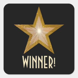 Gold Star 'WINNER'. vierkante sticker zwart