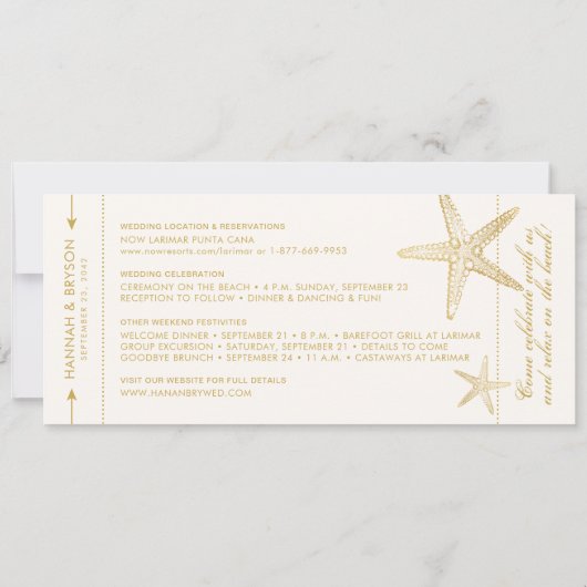 Gold Starfish boarding Pass Airplane Ticket Save The Date (Achterkant)