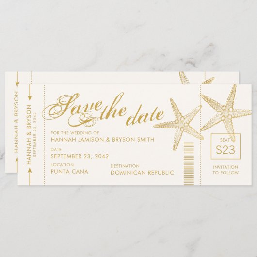 Gold Starfish boarding Pass Airplane Ticket Save The Date (Voorkant / Achterkant)