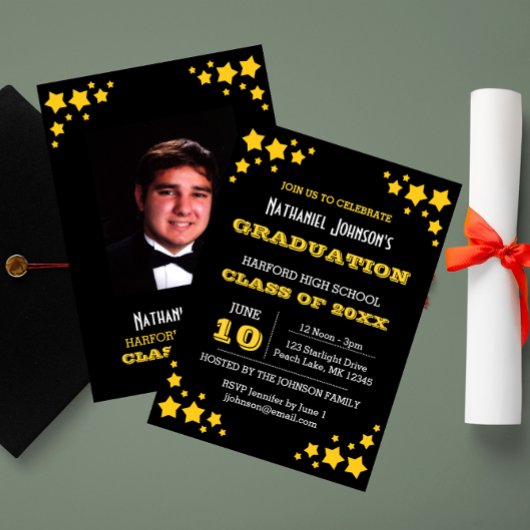 Gold Stars Black Graduation Invitation