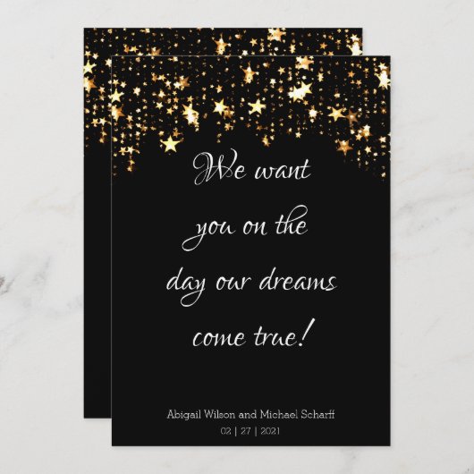 Gold Stars & Black Modern Wedding Invitations (Devant / Derrière)
