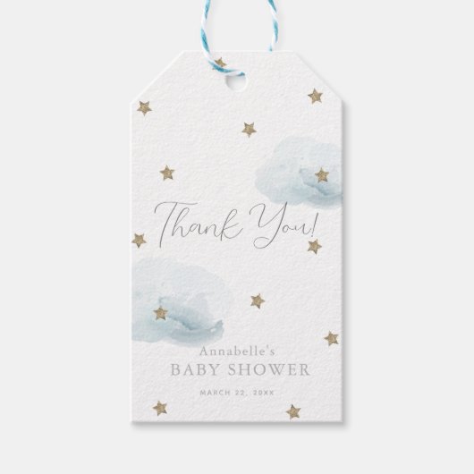 Gold Stars & Blue Clouds Baby shower Hartelijk dan Cadeaulabel (Voorkant)