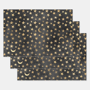 Gold Stars en Mons op zwart Inpakpapier Vel