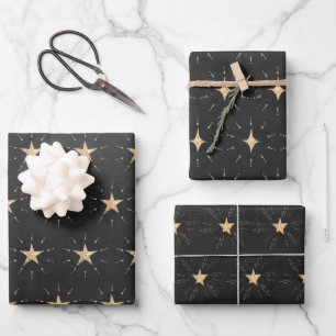 Gold Stars en Stardust op zwart Inpakpapier Vel