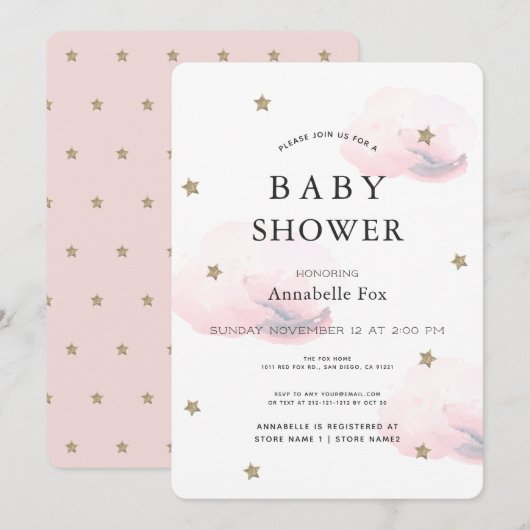 Gold Stars & Fluffy Pink Clouds Baby shower Kaart (Voorkant / Achterkant)
