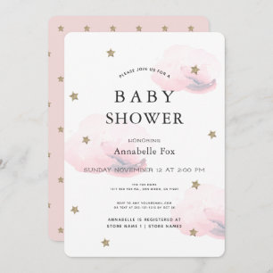 Gold Stars & Fluffy Pink Clouds Baby shower Kaart