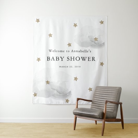 Gold Stars & Grey Clouds Baby shower Tapestry Wandkleed (In situ)