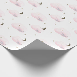 Gold Stars, maan en vloeiend roze wolken Cadeaupapier